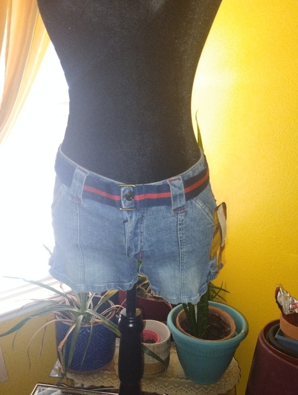 Classic Blue Denim Jean Shorts with Striped Waistband